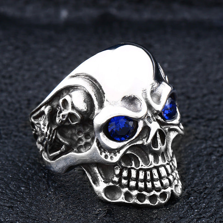 RUBY&SAPPHIRE EYE STAINLESS STEEL SKULL RING