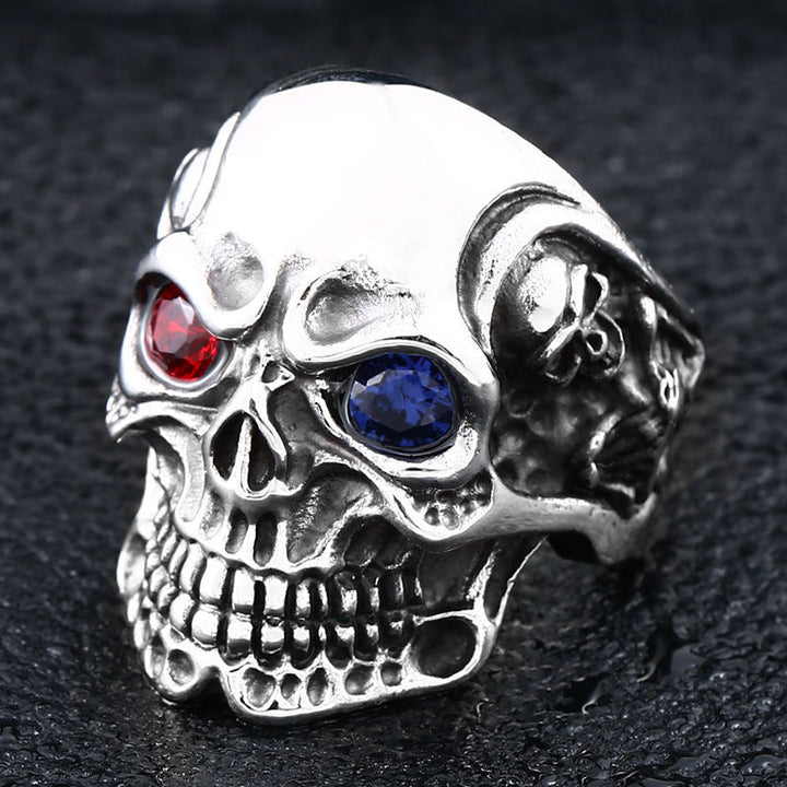 RUBY&SAPPHIRE EYE STAINLESS STEEL SKULL RING