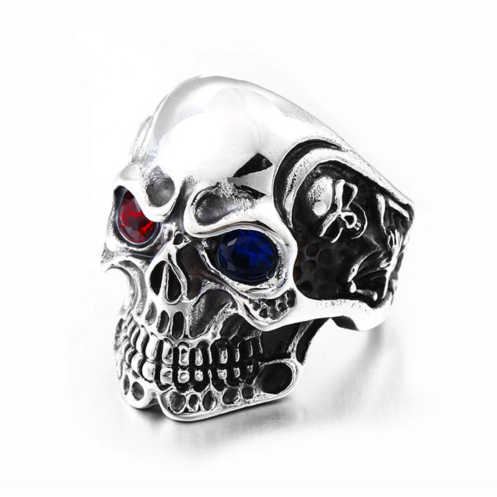 RUBY&SAPPHIRE EYE STAINLESS STEEL SKULL RING