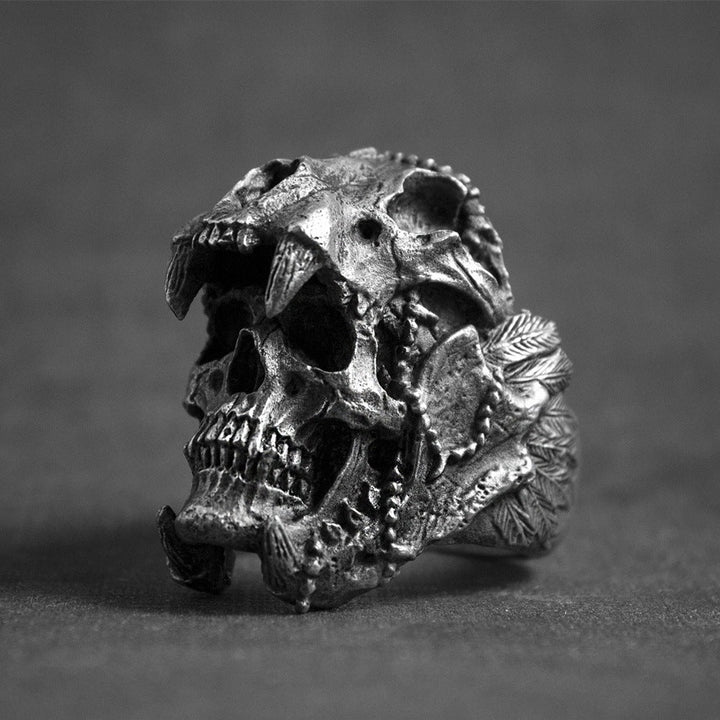 AZTEC JAGUAR WARRIOR STAINLESS STEEL SKULL RING