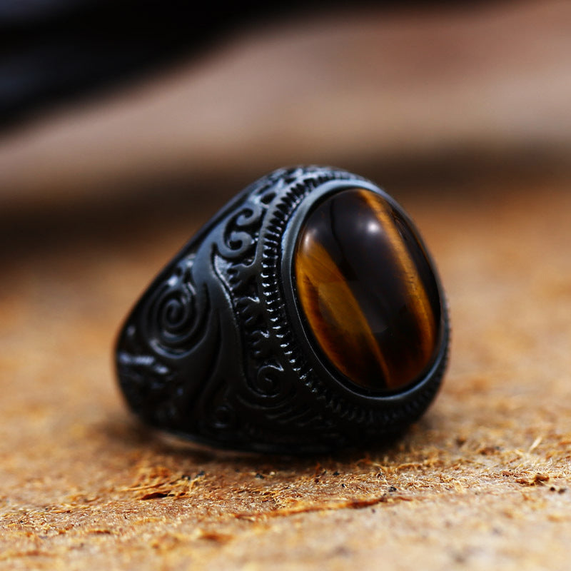 BLACK TURQUOISE PATTERNED STAINLESS STEEL RING