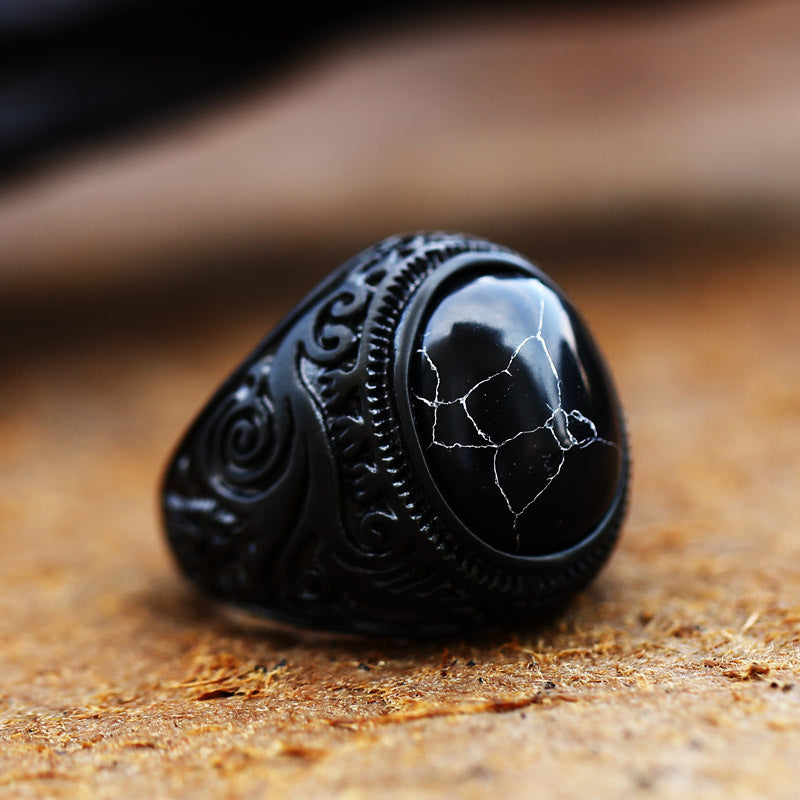 BLACK TURQUOISE PATTERNED STAINLESS STEEL RING