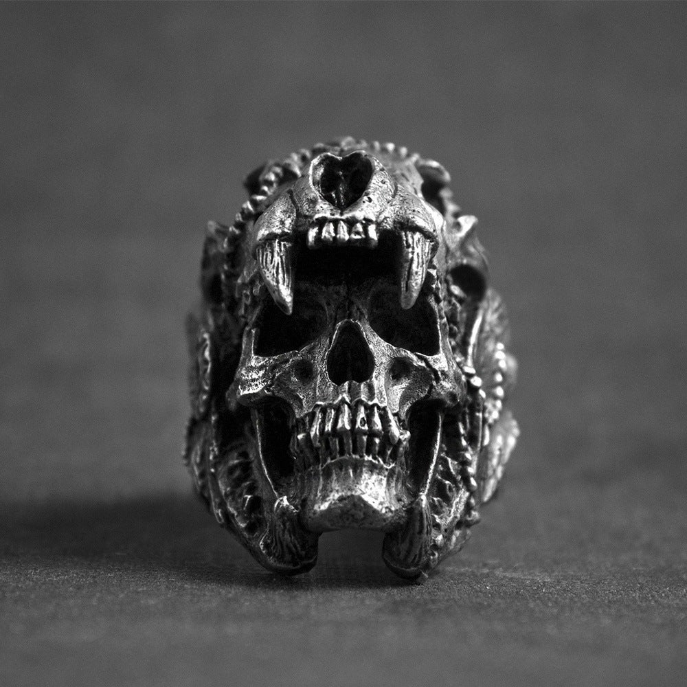 AZTEC JAGUAR WARRIOR STAINLESS STEEL SKULL RING