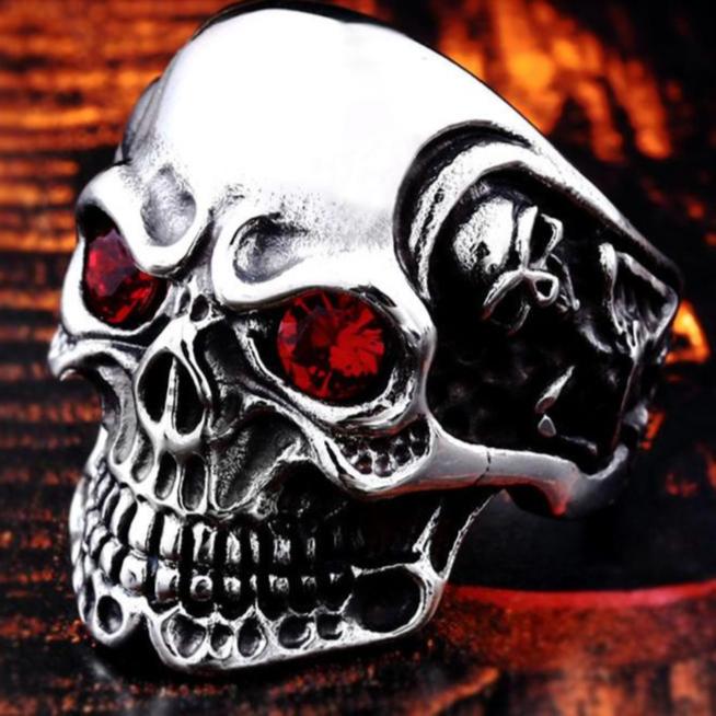 RUBY&SAPPHIRE EYE STAINLESS STEEL SKULL RING