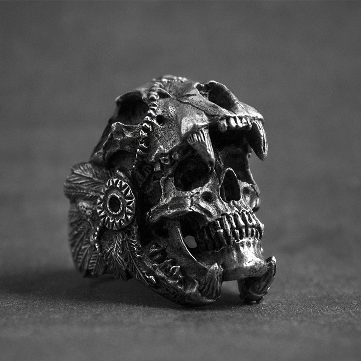 AZTEC JAGUAR WARRIOR STAINLESS STEEL SKULL RING