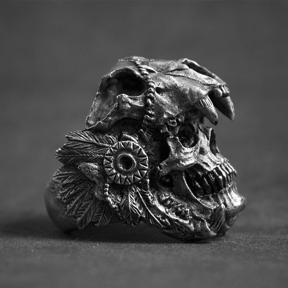 AZTEC JAGUAR WARRIOR STAINLESS STEEL SKULL RING