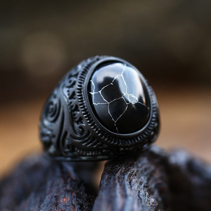 BLACK TURQUOISE PATTERNED STAINLESS STEEL RING