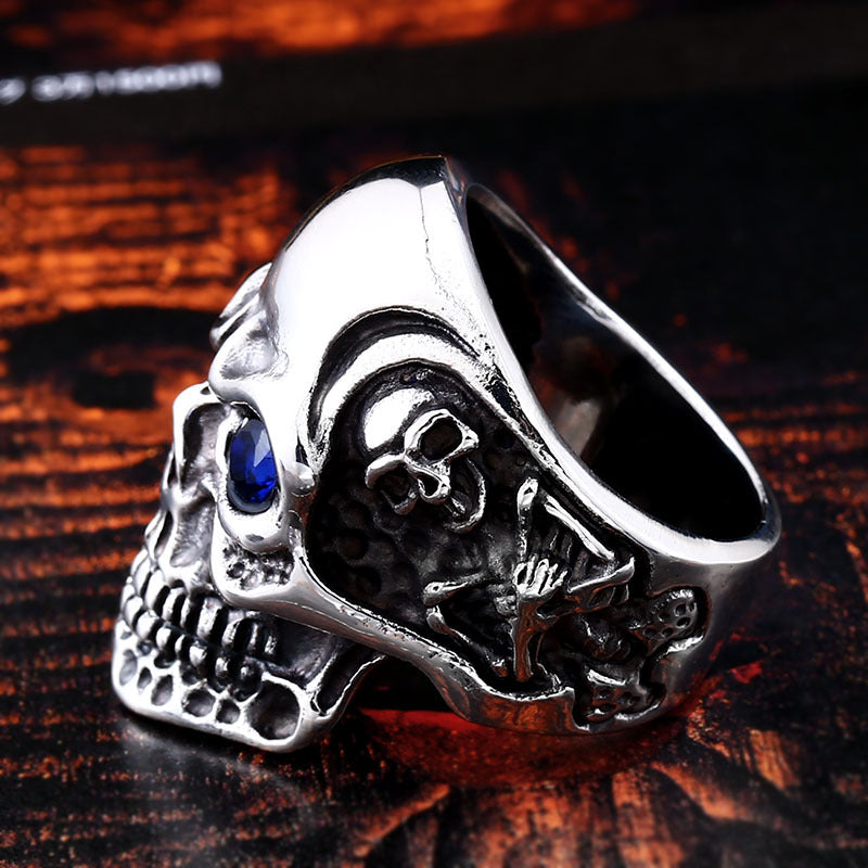 RUBY&SAPPHIRE EYE STAINLESS STEEL SKULL RING