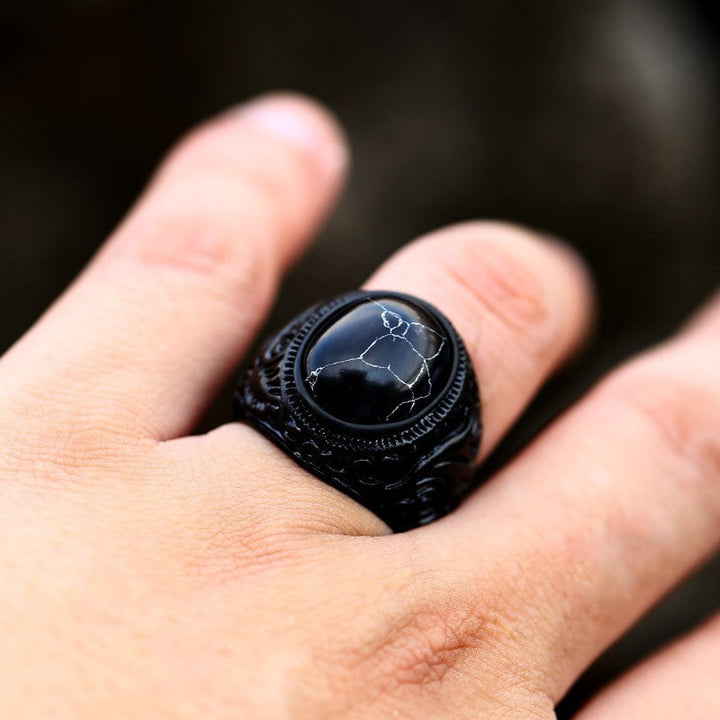 BLACK TURQUOISE PATTERNED STAINLESS STEEL RING