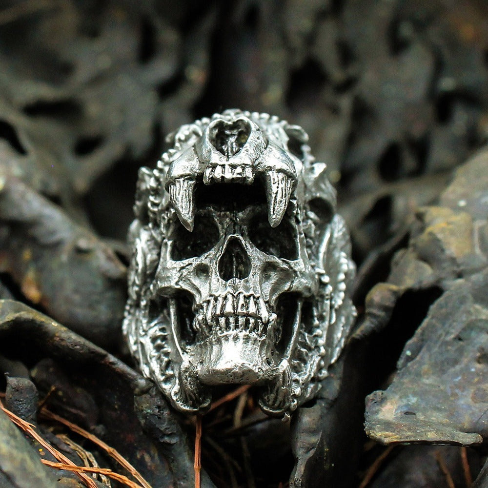 AZTEC JAGUAR WARRIOR STAINLESS STEEL SKULL RING