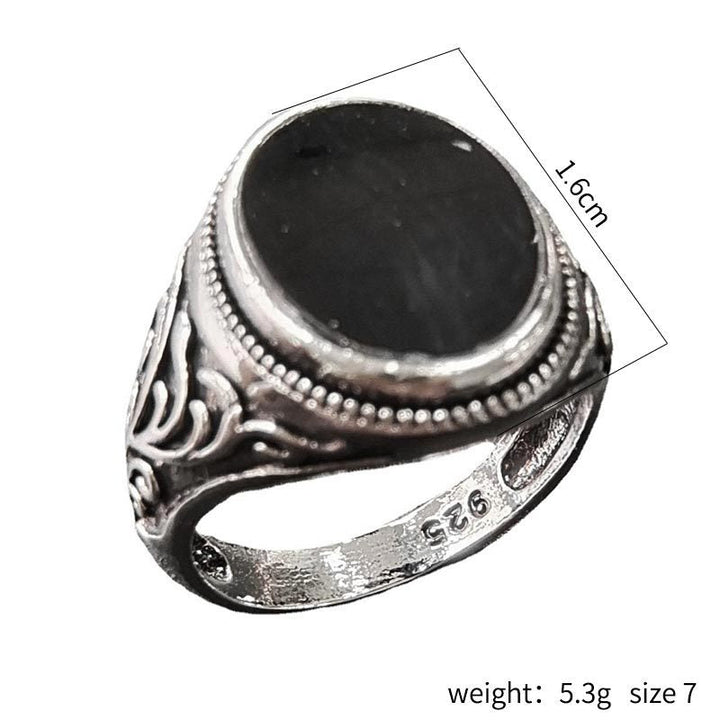 BLACK OVAL AGATE CARVED STAINLESS STEEL RING