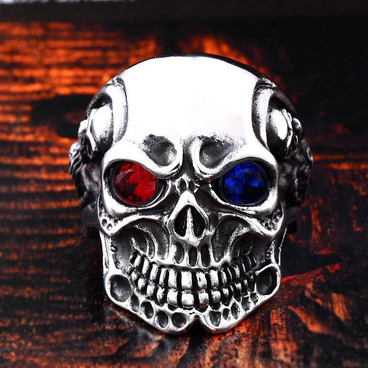 RUBY&SAPPHIRE EYE STAINLESS STEEL SKULL RING