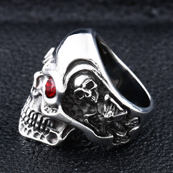 RUBY&SAPPHIRE EYE STAINLESS STEEL SKULL RING