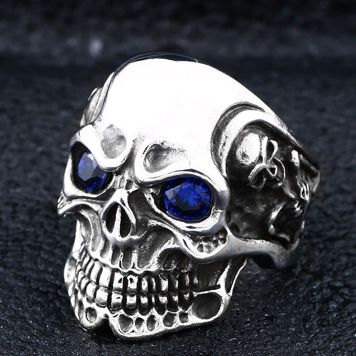 RUBY&SAPPHIRE EYE STAINLESS STEEL SKULL RING